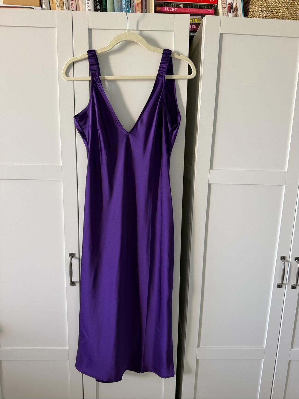 Purple Satin Midi Slip Dress with Ruched Straps